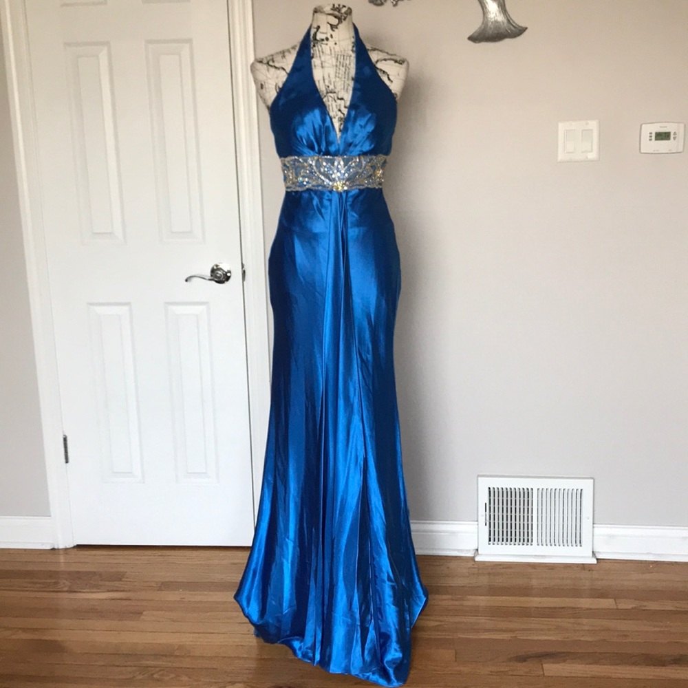 ✈️Satin Train Bead Halter Embellish Mermaid T-strap Flare Gown Wedding colorful - Picture 3 of 8
